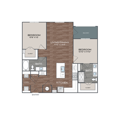 A floor plan of a home with two bedrooms, a living/dining area, a kitchen, a bath, and a laundry space.